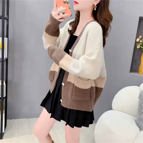 渐变拼色条纹毛衣开衫女春秋2023新款宽松慵懒风网红百搭针织外套商品大图