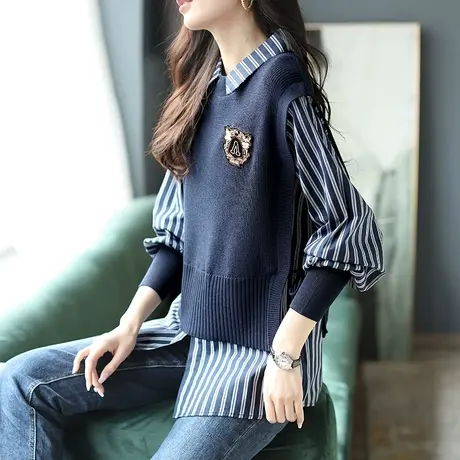 宝诗黎针织拼接假两件竖条纹衬衫2023秋季新款设计感长袖宽松上衣商品大图