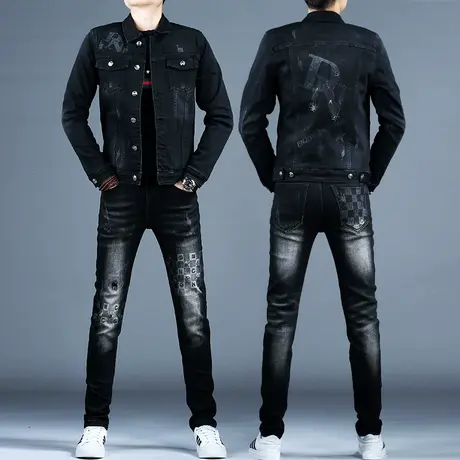 秋款高档大牌牛仔套装男潮流修身弹力黑灰色牛仔上衣外套夹克新款图片