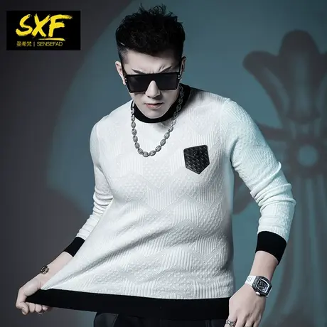 SXF圣希梵羊毛针织衫男 2021冬季打底衫提花圆领毛衫潮牌男士毛衣图片