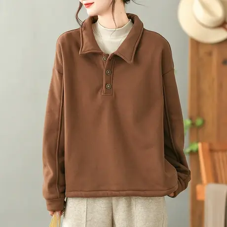 dza 复古纯色棉质翻领宽松加绒卫衣女士秋冬内搭休闲外穿长袖上衣商品大图