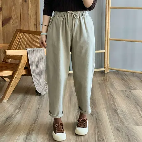 dza 复古纯棉休闲加绒长裤女秋冬工装直筒裤宽松阔腿加厚哈伦裤子商品大图