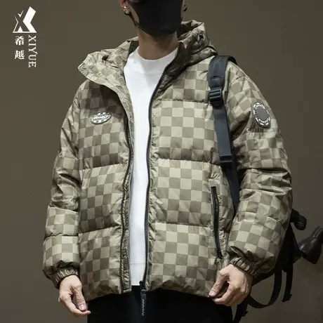 冬季潮牌棋盘格连帽短款羽绒服男宽松大码三防保暖鸭绒面包服外套商品大图