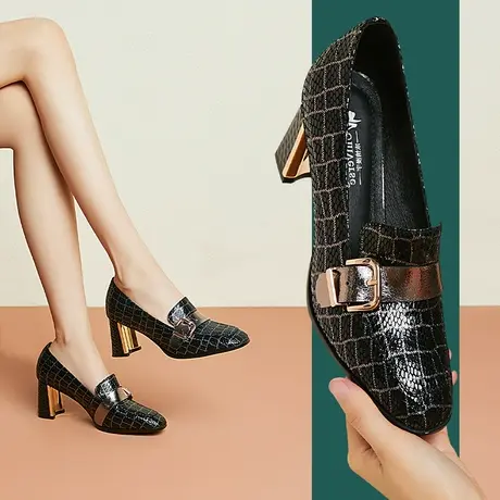 秋季新款欧美一脚蹬真皮方头高跟单鞋女羊皮品质粗跟工作鞋商品大图