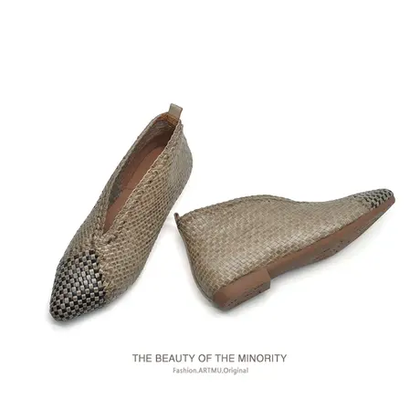 Artmu阿木原创复古靴子真皮手工编织女鞋尖头平底裸靴2022新款商品大图