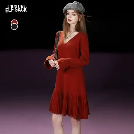 妖精的口袋法式v领修身打底连衣裙女2023冬新款气质显瘦年会穿搭商品大图