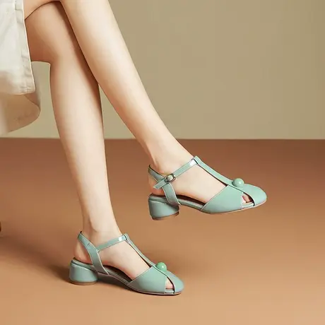 复古镂空包头凉鞋女夏季新款丁字式扣带中空粗跟纯色简约百搭女鞋商品大图