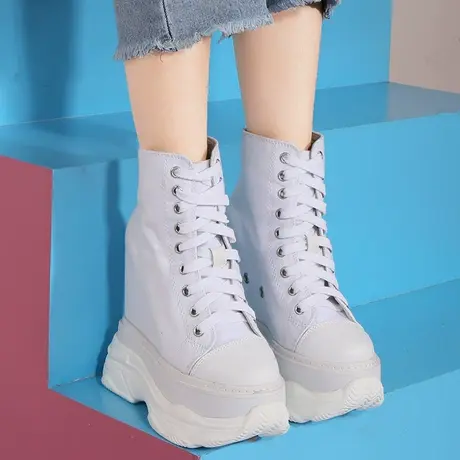 14cm内增高老爹鞋女款高帮小白鞋休闲运动帆布鞋超高跟厚底松糕鞋图片