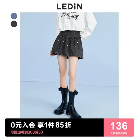 乐町亮钻牛仔短裙2023春夏新款女装半身裙短款设计感黑色花苞半裙图片