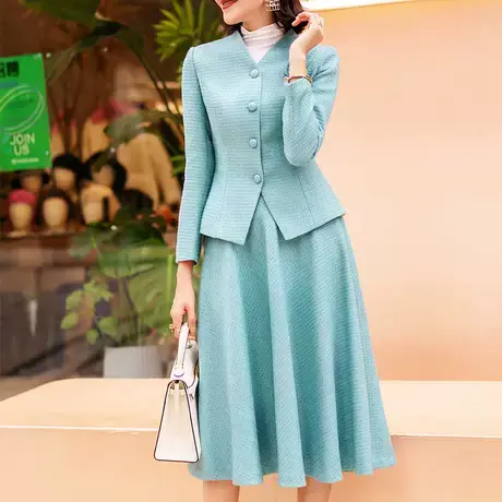 蓝色小香风套装秋冬小个子2023新款收腰显瘦洋气减龄套装裙两件套商品大图