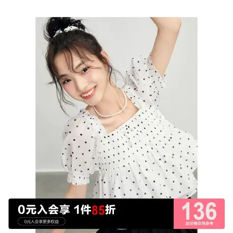 乐町A型收腰方领上衣女2023年夏季新款法式少女泡泡袖衬衫薄上衣商品大图