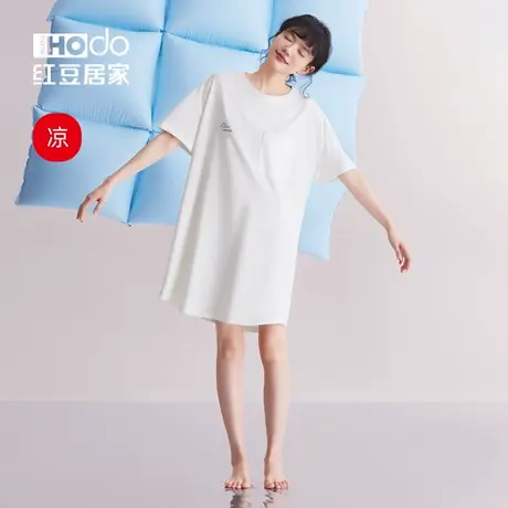 红豆居家带胸垫睡裙夏季女纯棉短袖凉感外穿睡衣纯色套头家居服商品大图