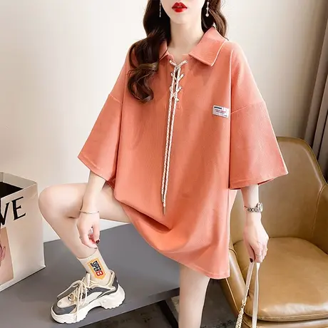翻领polo衫短袖t恤女夏季韩版宽松大码女装中长款ins绑带上衣服潮图片