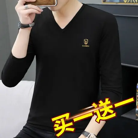 莫代尔男士长袖t恤V领黑色内搭打底衫秋季秋装潮流潮牌秋衣服小衫商品大图
