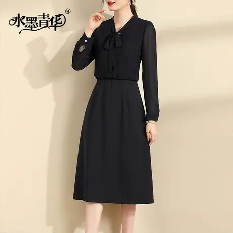 水墨青华冬季新品假两件套打底雪纺裙优雅修身显瘦百搭连衣裙图片
