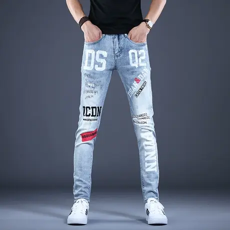 男士高端牛仔裤2023年新款秋冬印花休闲男裤子修身小脚潮牌长裤男商品大图