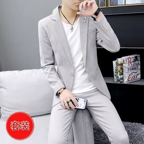 男士小西服秋冬季潮流休闲一套衣服韩版加绒加厚修身西装套装一身图片