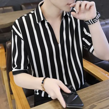 2023七分袖夏季短袖T恤男士宽条纹上衣服潮牌韩版社会风体恤衫男商品大图