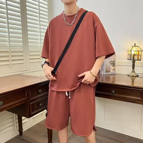 纯色t恤上衣2023夏季新款韩版华夫格男生套装短袖T恤休闲短裤潮牌商品大图