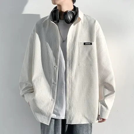 华夫格长袖衬衫男款夏季潮牌港风宽松白色衬衣休闲男士春秋款外套商品大图