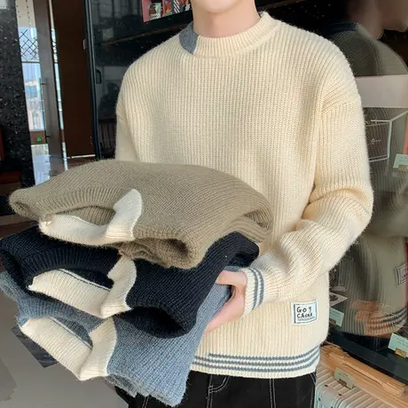 男士圆领毛衣潮牌2023新款春秋冬季宽松百搭针织打底衫情侣装外套商品大图