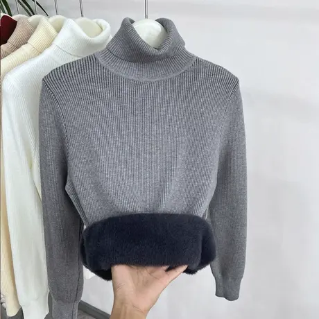 高领毛衣水貂绒长袖针织衫女2023秋冬新品加绒加厚保暖洋气打底衫商品大图