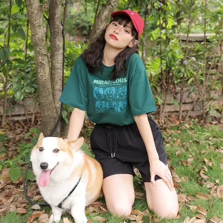 尔给日系古着感少女美式绿色t恤短袖女夏甜酷薄款2022年新款上衣商品大图