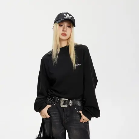 黑色半高领刺绣长袖t恤女春秋2023年新款复古宽松内搭打底衫上衣商品大图