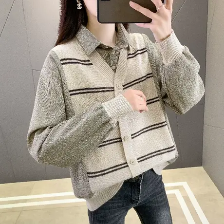 2023新款爆款条纹拼接外套衬衫领假两件针织衫女上衣秋装毛衣女装商品大图