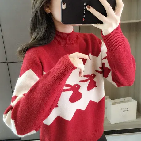 半高领套头毛衣女士秋冬新款卡通上衣学生打底衫宽松洋气针织衫商品大图