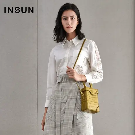 INSUN恩裳春季全棉蕾丝拼接长袖衬衫图片