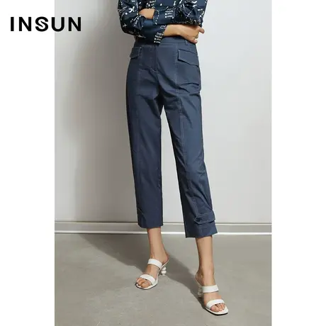 INSUN恩裳秋季藏蓝色亚麻修身休闲裤图片