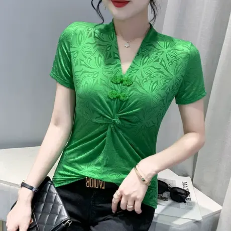 复古性感V领短袖T恤女ins潮2024新款提花盘扣扭结上衣修身打底衫商品大图