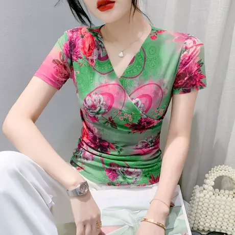 2024夏季新款性感交叉V领上衣女时尚印花复古T恤修身百搭网纱小衫商品大图