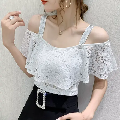 性感吊带蕾丝衫女短袖夏装欧货一字领露肩上衣气质荷叶边雷丝T恤图片