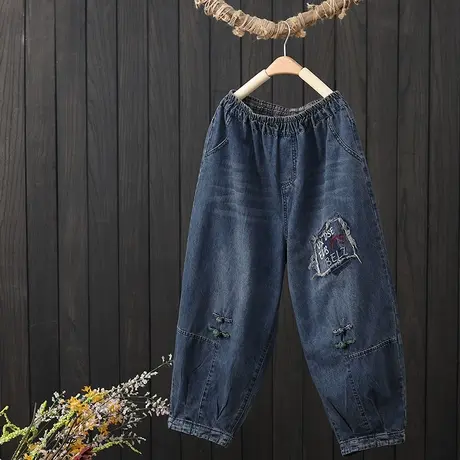 文艺复古贴布刺绣牛仔裤女春夏2023新款松紧腰宽松大码休闲九分裤商品大图