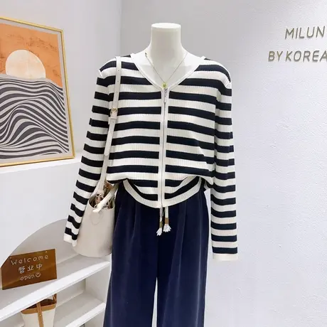 秋冬款小个子毛衣~韩系高级感简约条纹针织衫上衣开衫显腿长百搭商品大图