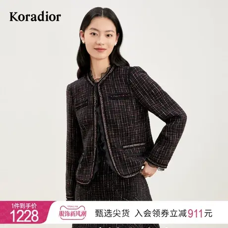 珂莱蒂尔女装2023秋冬季单排扣通勤百搭粗花呢小香风短款外套上衣图片