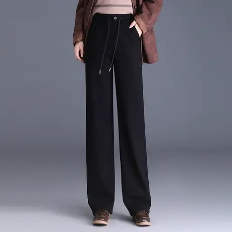 时尚加绒阔腿裤女秋冬2023新款松紧高腰垂感显瘦直筒裤百搭休闲裤图片