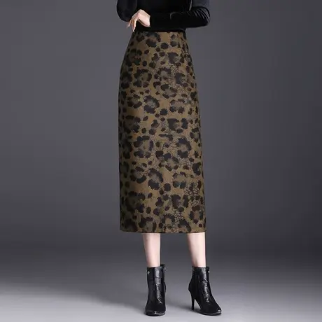 豹纹包臀裙女秋季2023新款高腰修身半身裙中长直筒裙通勤一步裙子图片