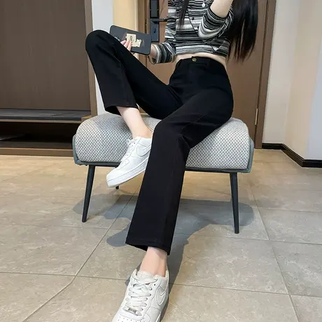 黑色直筒裤子女九分2024年春季新款高腰宽松显瘦小个子休闲烟管裤图片