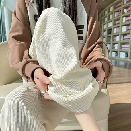 窄版阔腿裤女秋季新款高腰宽松垂感休闲小个子直筒针织裤白色裤子图片