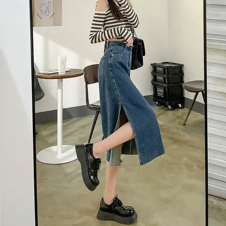 牛仔半身裙女开叉2024年夏季薄款高腰a字直筒复古显瘦中长款裙子图片