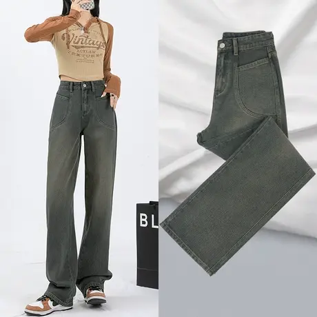 水泥灰阔腿牛仔裤女宽松2023年秋季新款高腰显瘦设计感网红直筒裤图片