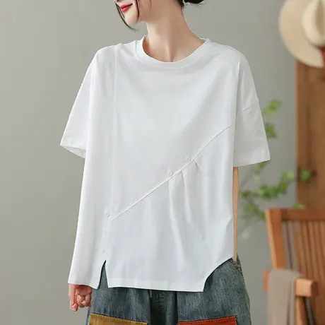 dza纯棉拼接白色短袖T恤女2023夏季薄款打底体恤宽松显瘦套头上衣商品大图