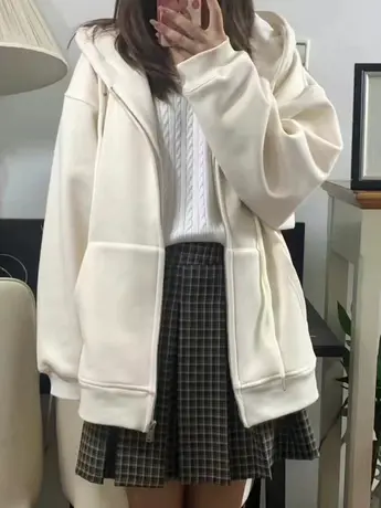 oversize卫衣女秋冬季设计感小众上衣慵懒风连帽加绒加厚开衫外套商品大图