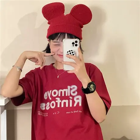 红续2023早春新款红色小众设计感幻影字母纯棉bf宽松百搭短袖T恤图片