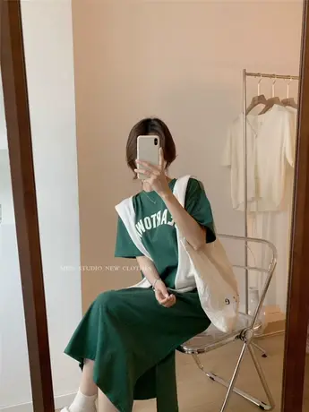 短袖t恤女2021夏季新款韩版ins潮中长款宽松百搭显瘦气质连衣裙子图片