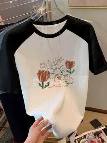 仿棉短袖t恤女2023新款夏季美式高街复古小众设计感撞色正肩上衣图片