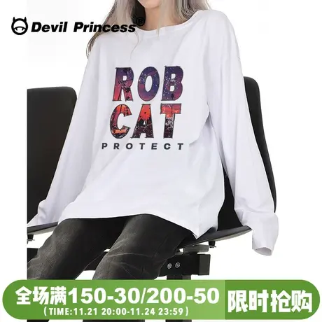 vibe甜酷风潮牌白色正肩长袖t恤女2024新款大版纯棉打底衫上衣潮商品大图